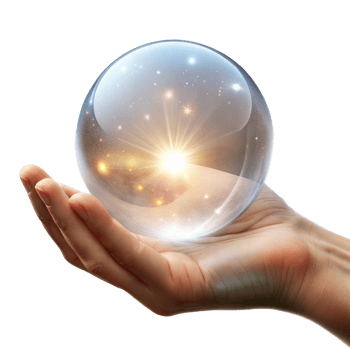 Hand holding a glowing transparent crystal ball with shining stars png