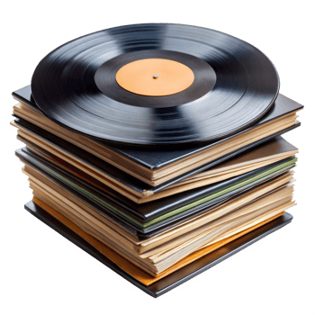 Stack of vintage vinyl records with colorful covers png