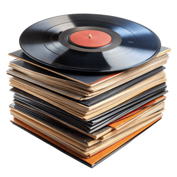Stack of vinyl records with a turntable on top png