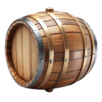 Wooden barrel with metal rings on transparent background png