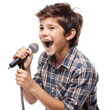Happy boy singing into a microphone while smiling png