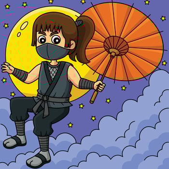 Ninja Kunoichi Holding an Umbrella Colored Cartoon vector