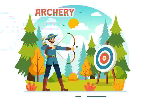 Illustration of Archery Sport with a Bow and Arrow Aiming at a Target, Depicting an Outdoor Recreational Activity in a Flat Cartoon Background vector