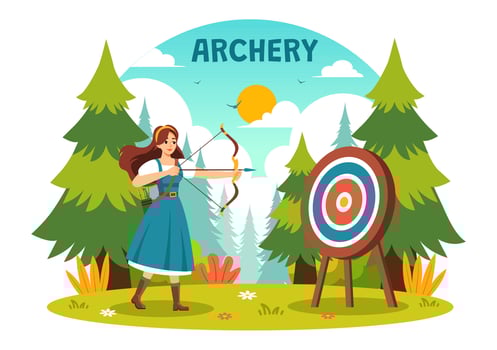 Illustration of Archery Sport with a Bow and Arrow Aiming at a Target, Depicting an Outdoor Recreational Activity in a Flat Cartoon Background vector