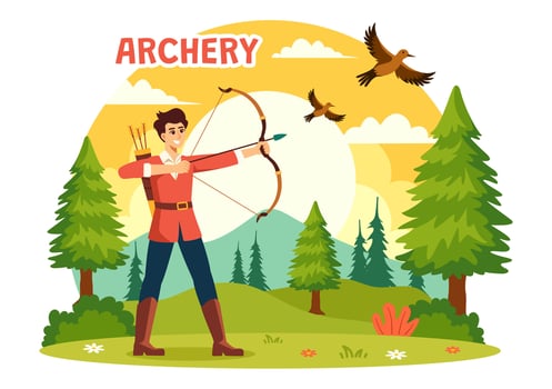Illustration of Archery Sport with a Bow and Arrow Aiming at a Target, Depicting an Outdoor Recreational Activity in a Flat Cartoon Background vector