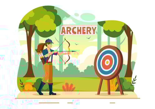 Illustration of Archery Sport with a Bow and Arrow Aiming at a Target, Depicting an Outdoor Recreational Activity in a Flat Cartoon Background vector