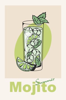 Mojito classic Cocktail retro poster. Popular drink. Vintage flat illustration for bar, restaurant, kitchen, wall art print. vector