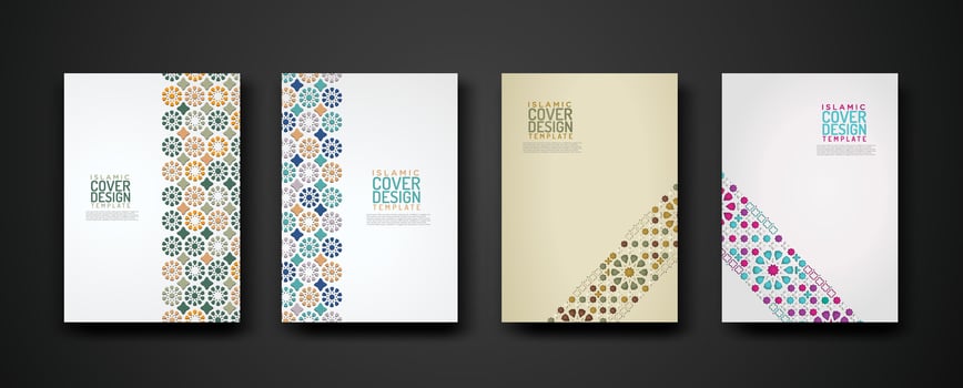Set islamic cover design template with colorful detail and texture of floral mosaic islamic art ornament. vector