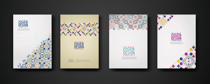 Set islamic cover design template with colorful detail and texture of floral mosaic islamic art ornament. vector