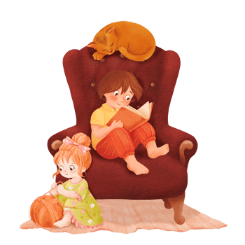 A homey composition featuring a boy and a girl with a cat beside an armchair. The sister plays with a yarn ball while the brother reads a book. The kitten sleeps nearby. Watercolor illustration png