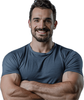 Smiling muscular man with crossed arms. png