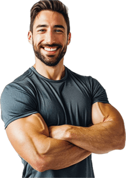 Smiling muscular man with crossed arms. png