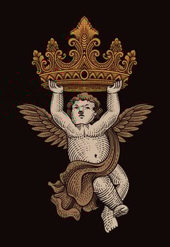 Illustration cupid angel holding crown engraving hand drawn style - Eps 10. vector