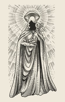Illustration witch holding skull with engraving hand drawn style - Eps 10 vector