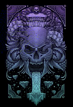 Illustration skull waterfall with engraving ornament style - Eps 10 vector