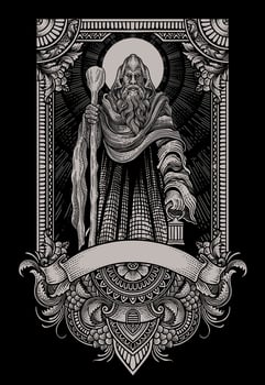 Illustration elder wizard with engraving ornament frame - illustration vector