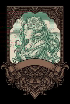 Illustration beautiful lady on antique engraving ornament frame - Eps 10 vector