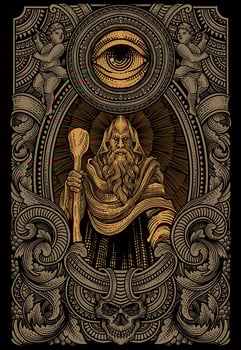 Illustration elder wizard with all seeing eye on engraving ornament frame - illustration vector