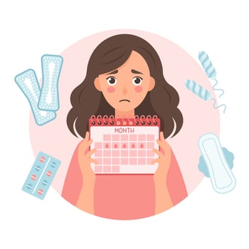 Sad woman with a menstrual calendar in her hands. Healthcare and medicine. Illustration vector
