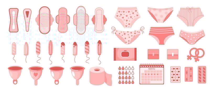 Feminine hygiene set. Menstrual period concept. Menstrual cup, tampons, soap, panties, monthly calendar, sanitary napkin and pills. vector