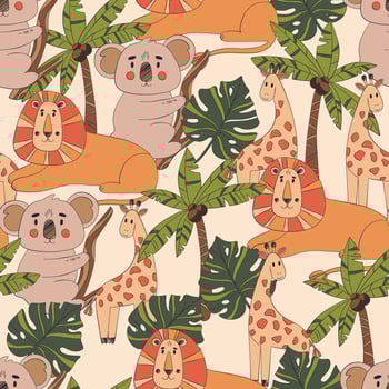 Safari animals pattern, summer kids print. Cute african animals. Giraffe, lion, koala. vector