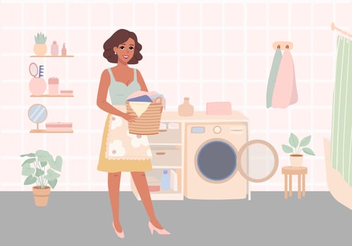Young woman is doing laundry. Housewife with clothes next to the washing machine. Wardrobe, laundry basket, accessories and potted plants. Flat illustration. vector