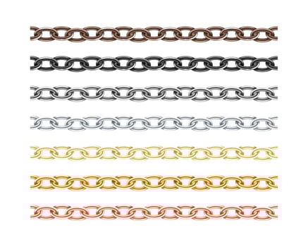 Big collection different metal chain seamless texture. Silver, gold, platinum, iron, copper color chains link set isolated on white background. vector