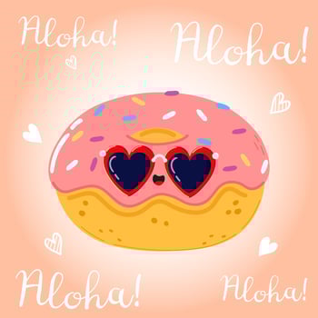Cute funny Doughnut character. Hand drawn cartoon kawaii character illustration icon. Isolated on pink background. Doughnut character concept. Aloha card vector