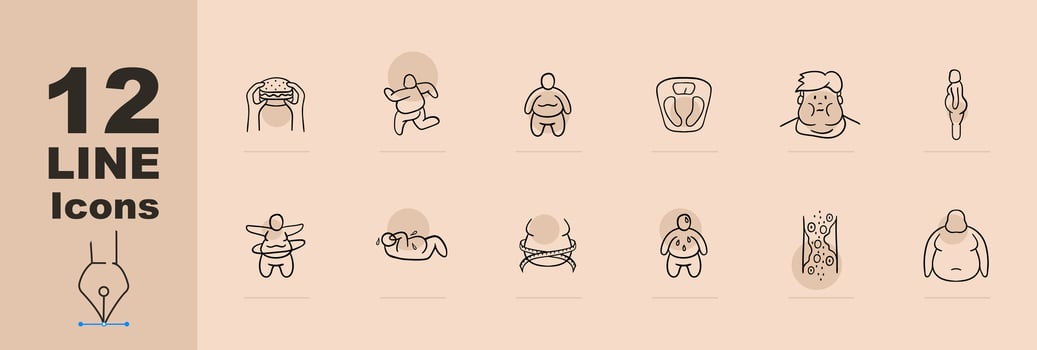 Weight Loss Icon. Fast food, burgers, unhealthy lifestyle, workouts for weight loss. Pastel color background. 12 line icon vector