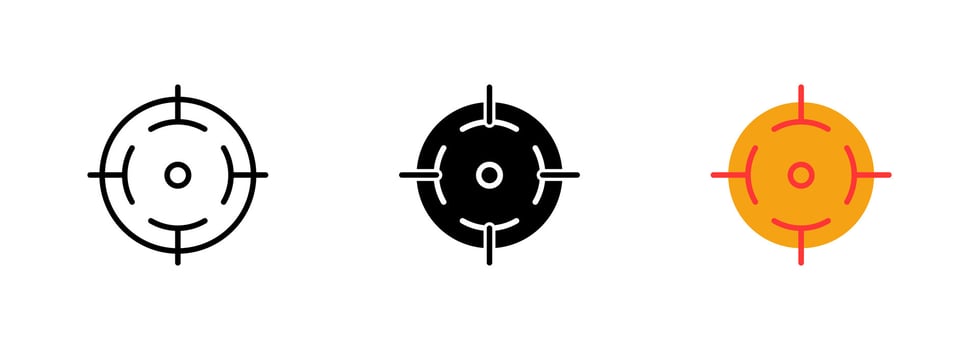 An icon of a crosshair or targeting reticle used to aim at a target in shooting or hunting games. set of icons in line, black and colorful styles isolated. vector