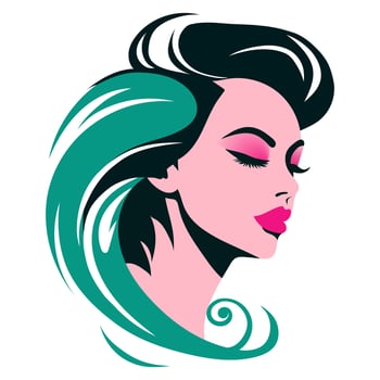 Portrait of a beautiful girl in half turn. Black and green hair, pink eye shadow and lipstick, plump lips, black eyebrows and thick false eyelashes, closed eyes, bright makeup, model, woman vector