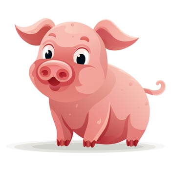 Cute cartoon pink pig. Smile, smiling, curled tail, piglet, big eyes, hooves, animal, pet, grunt, pink small spots on the skin, beloved, big nose, surprised, happy, curious vector