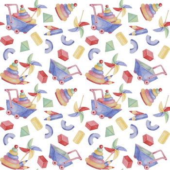 Baby seamless pattern with wheelbarrow, pencils, stacking rings, pinwheel in watercolor. Retro toy ornament Hand drawn textile print for kids, children's wallpaper, wrapping, presents, scrapbooking png