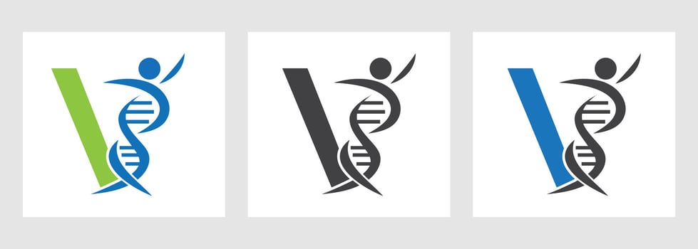 Letter V DNA Logo With Human Symbol. DNA Cell Icon. Health Care Sign vector