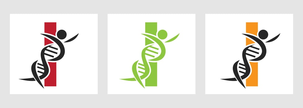 Letter I DNA Logo With Human Symbol. DNA Cell Icon. Health Care Sign vector