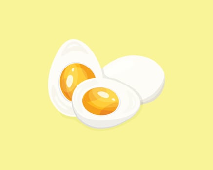 Cartoon egg isolated on yellow background. Set of boiled whole egg, and half, sliced eggs. illustration. vector