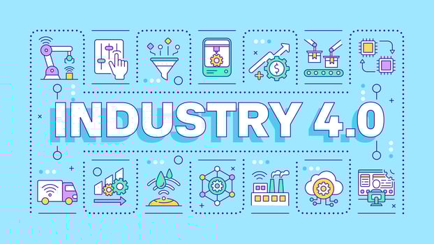 Industry 4 light blue word concept. Fourth industrial revolution. Digital transformation. Typography banner. Illustrationwith title text, editable icons color vector
