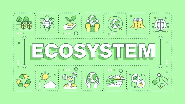 Ecosystem green word concept. Ecological system of living organisms. Nature protection. Typography banner. Illustrationwith title text, editable icons color vector