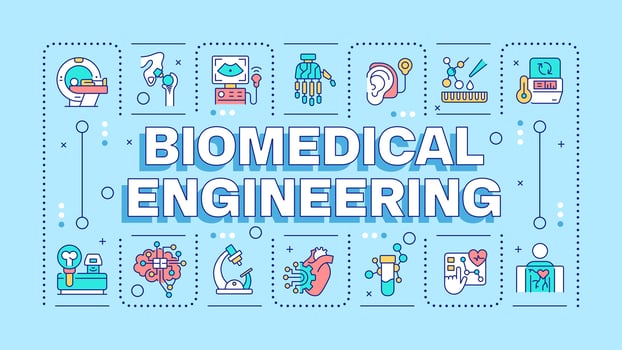 Biomedical engineering light blue word concept. Medical technologies. Biotechnology. Typography banner. Illustrationwith title text, editable icons color vector