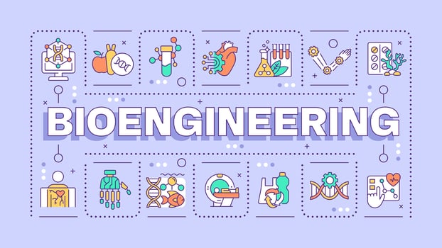 Bioengineering purple word concept. Genetic engineering. Medical devices. DNA. Bioinformatics. Typography banner. Illustrationwith title text, editable icons color vector