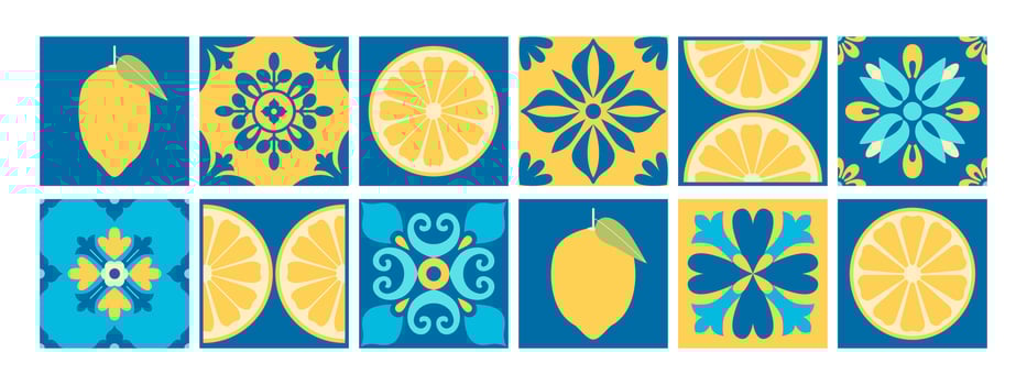 Mediterranean blue and yellow tiles background. Abstract geometric floral pattern with lemons. Italian, Portuguese, Spanish traditional style. Mosaic. illustration vector