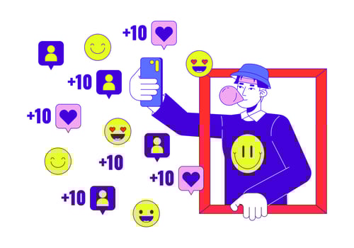 Korean guy making selfie for social media 2D linear cartoon character. Asian young male blogger isolated line person white background. Fashion influencer color flat spot illustration vector