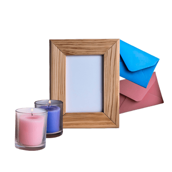 a picture of a framed envelope with a picture of a letter and a picture of a candle. png