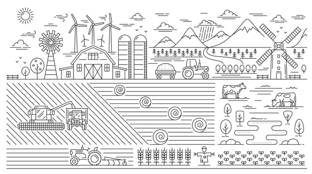 Eco village, line agriculture farm landscape scene vector