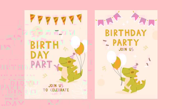 Childrens birthday invitations with dinosaur. Childrens animals party vector