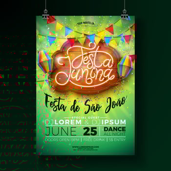 Festa Junina Party Flyer Design with Party Flags, Paper Lantern and Neon Light Lettering on Vintage Wood Billboard Background. Brazil June Festival Illustration for Celebration Poster or vector