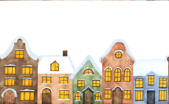 Watercolor colorful houses with snowy roof seamless white border For winter decoration Christmas 2025 poster New Year design childish postcard scrapbooking print textile wallpaper wrapping souvenir png