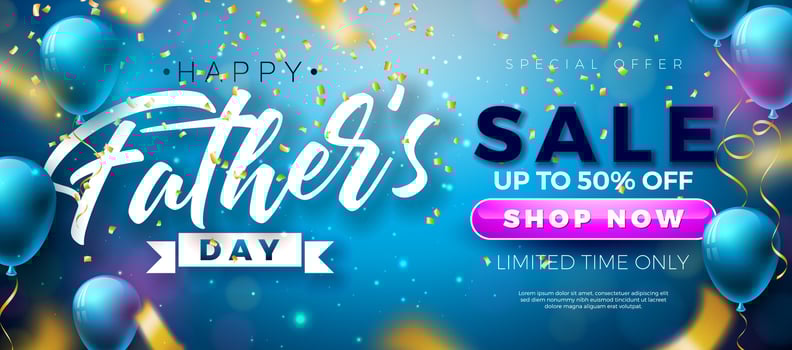 Father's Day Sale Promotional Business Illustration with Party Balloon and Falling Gold Confetti on Blue Background. Special Holiday Offer Illustration for Best Dad. Template for Coupon vector
