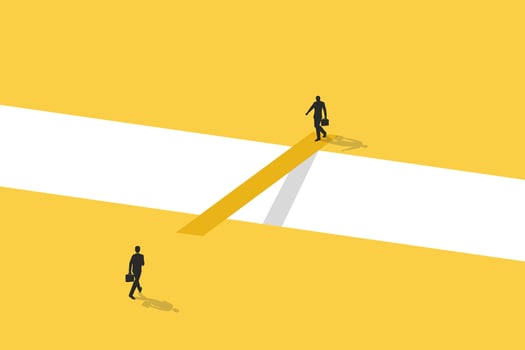 Businessman cross the bridge concept. Symbol of ambition, solution, success, career promotion and achievement. vector