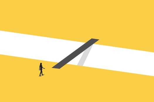 Business woman cross the bridge concept. Symbol of ambition, solution, success, career promotion and achievement vector
